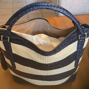 Brahmin Navy and Straw Tote Bag